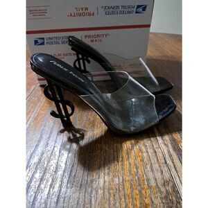 Size 7 Public Desire Cash Black Statement Clear Perspex High Heel Mules Shoes